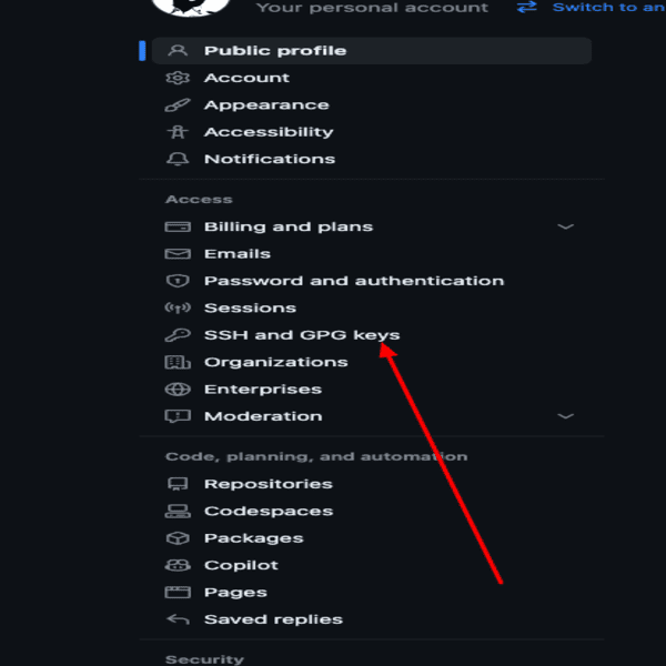 Accessing the SSH Page on GitHub [→]