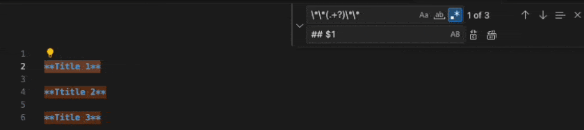 replacing bold titles with headers in VS Code [→]