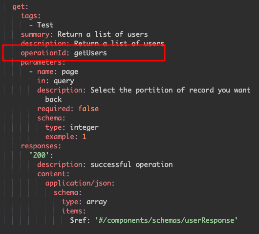 An illustration of an OpenAPI spec highliging an operation id [→]